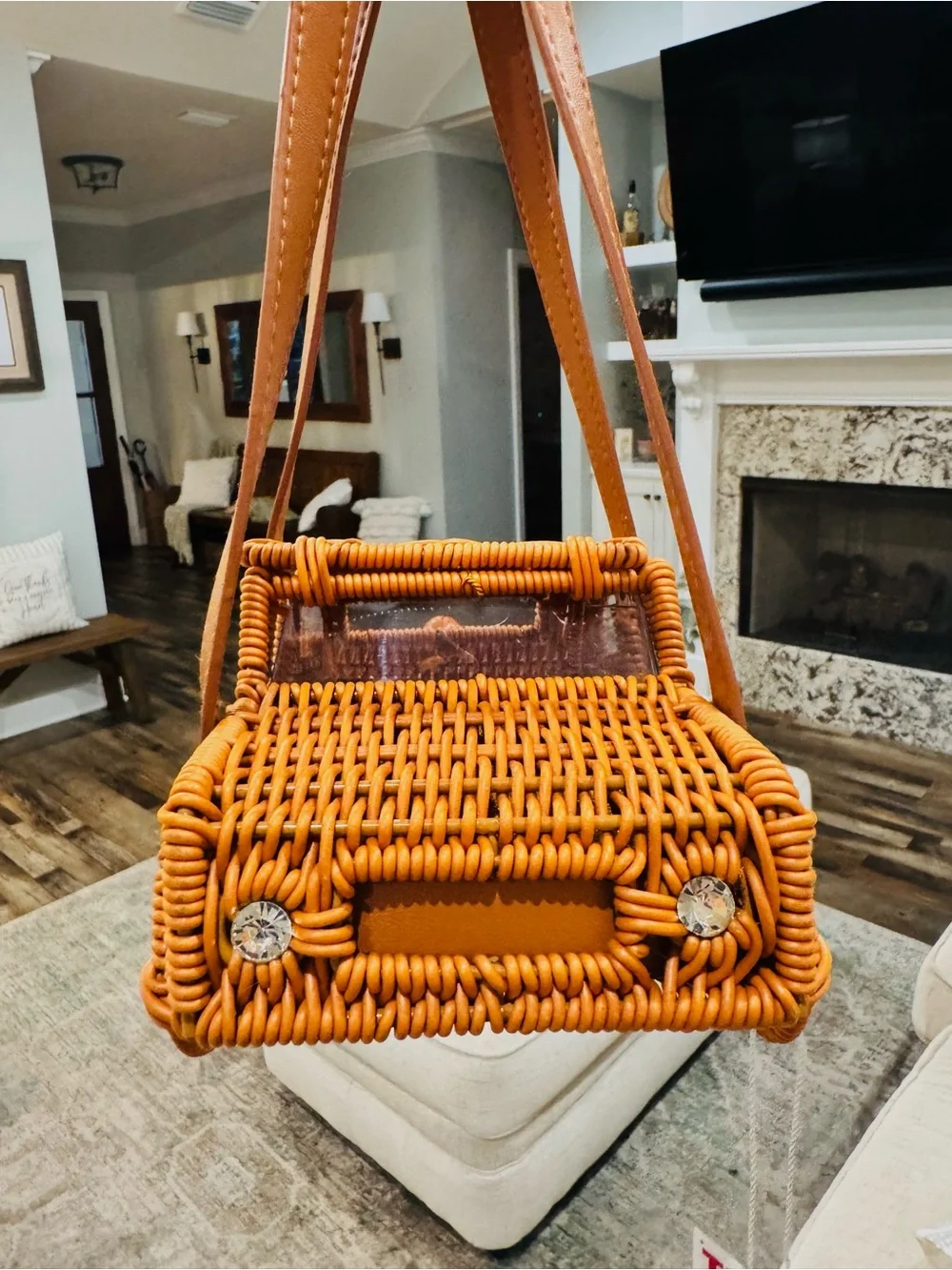 Tommy Bahama Woven Mini Car-Shaped Bag in Honey Brown with Tan Straps - Picture 10 of 12